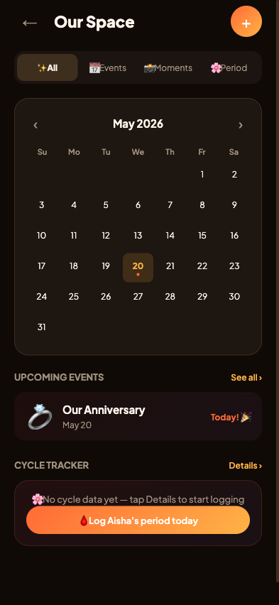 Our Space — shared couple calendar with anniversary and moments