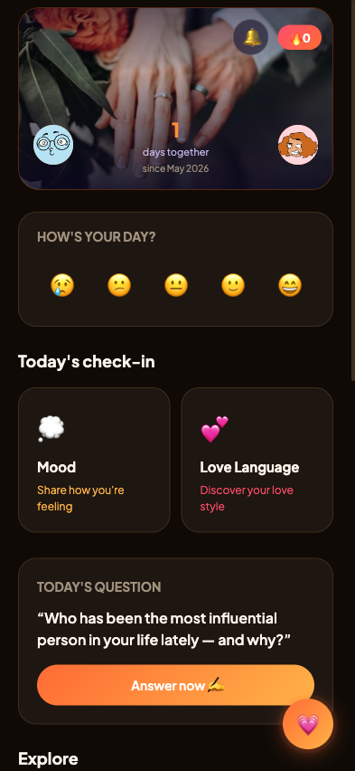 Favil home — days-together counter, mood check-in and today's question