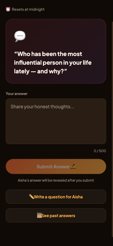 Favil daily question screen with a private answer box